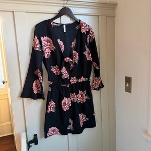 Xhilaration Black and Pink Floral Bell Sleeve Romper
